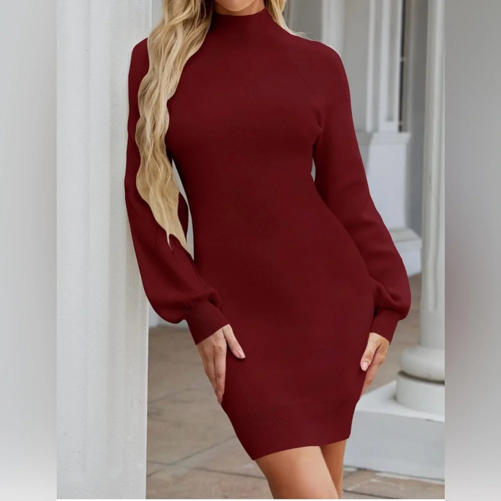 NWOT Women's Puff Sleeve Mock Neck Bodycon Sweater Dress - Sz M - Picture 4 of 10